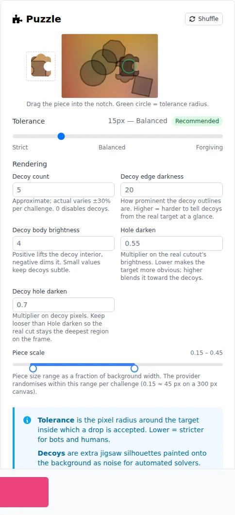 prosopo puzzle CAPTCHA settings and preview
