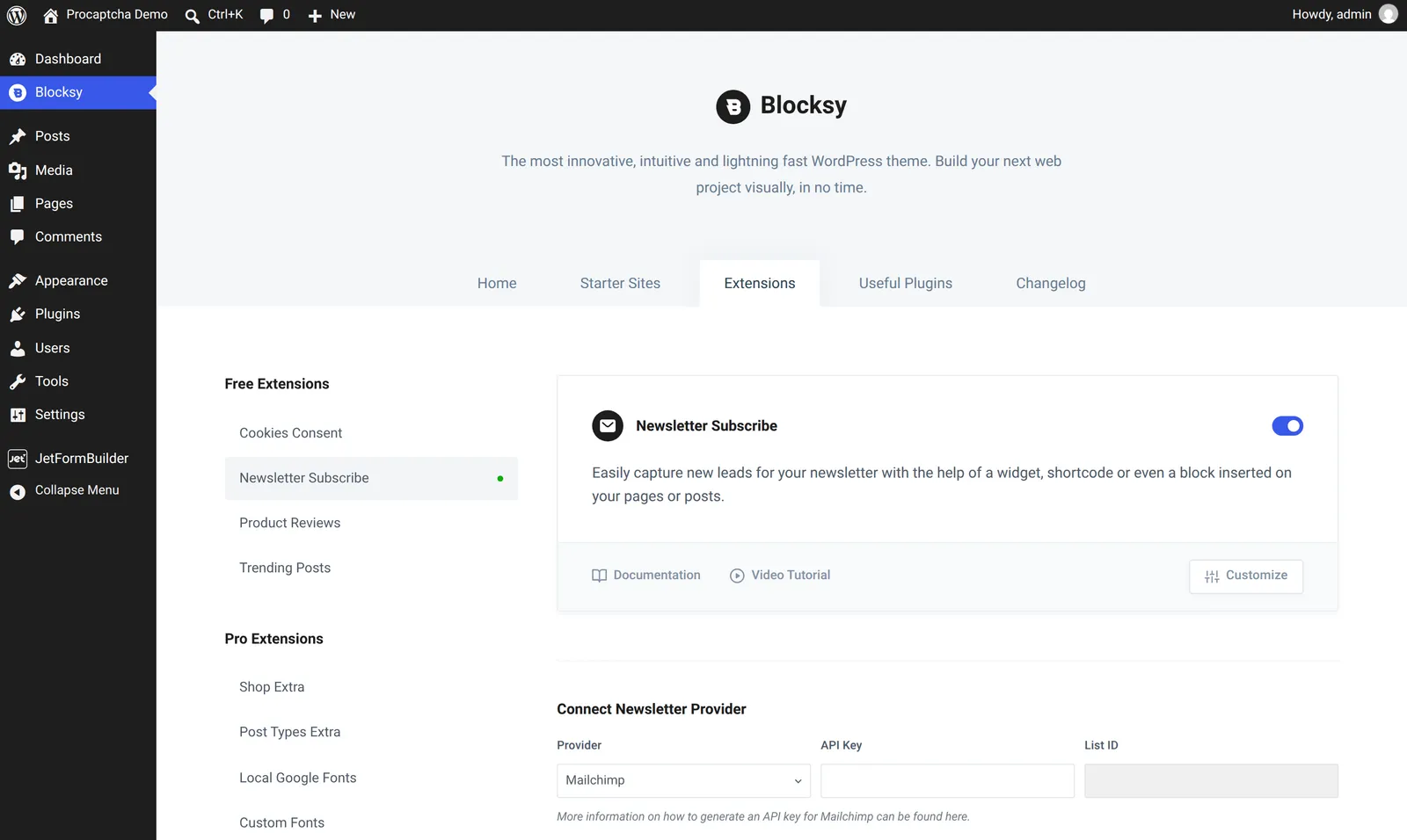 Aktivieren der Erweiterung "Newsletter Subscribe" im Blocksy-Bereich "Extensions"