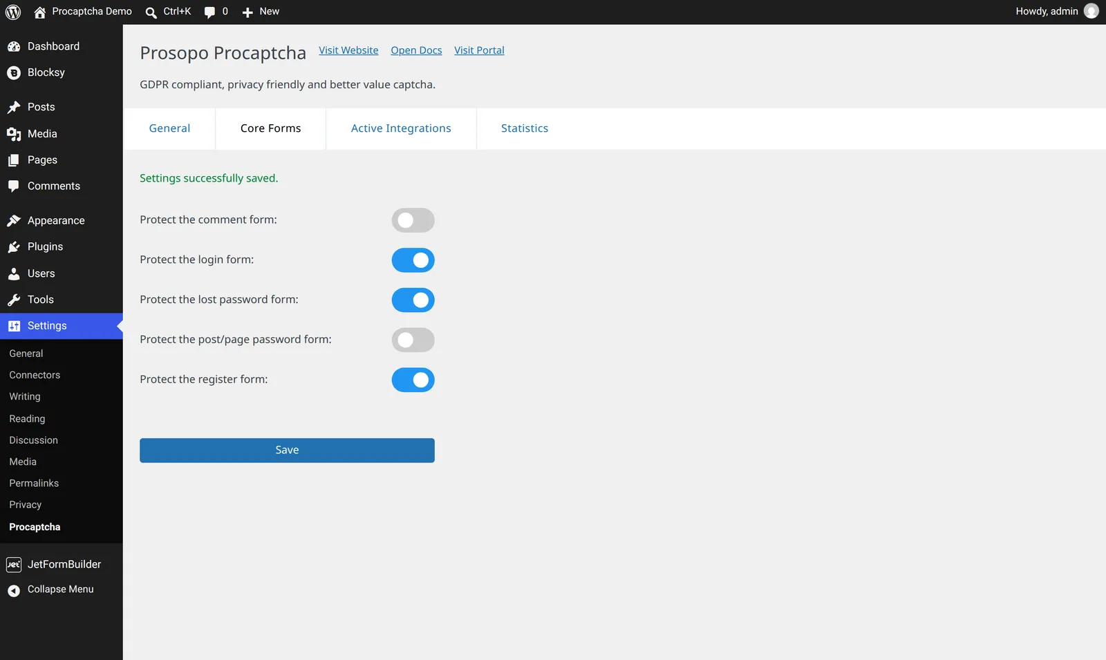 Der Tab "Core Forms" der Procaptcha-Plugin-Einstellungen mit aktiviertem Login-Schutz